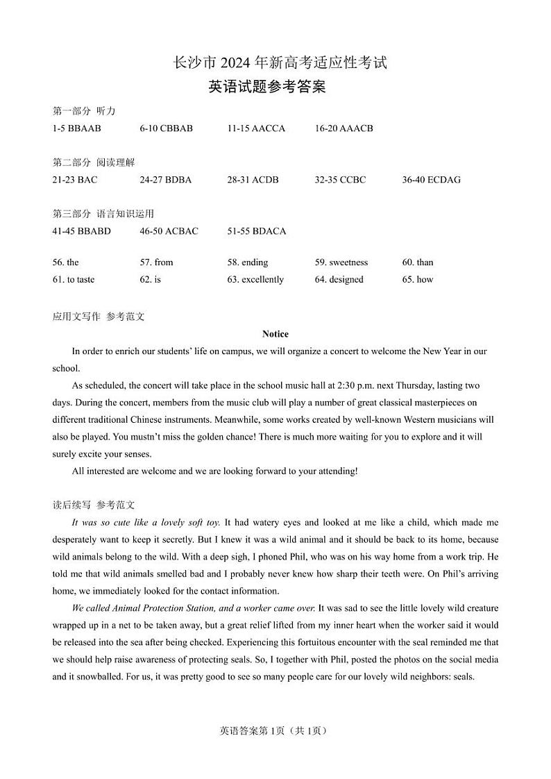 2024届湖南省长沙市高三上学期新高考适应性考试英语01