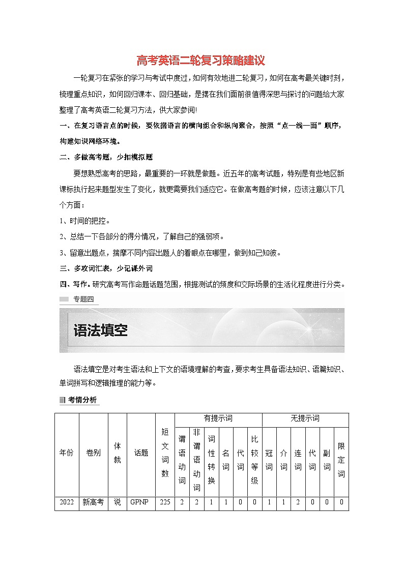 新高考英语二轮复习课件+讲义（新高考版） 第2部分 完形填空与语法填空　专题4　第1讲　有提示词类——动词01