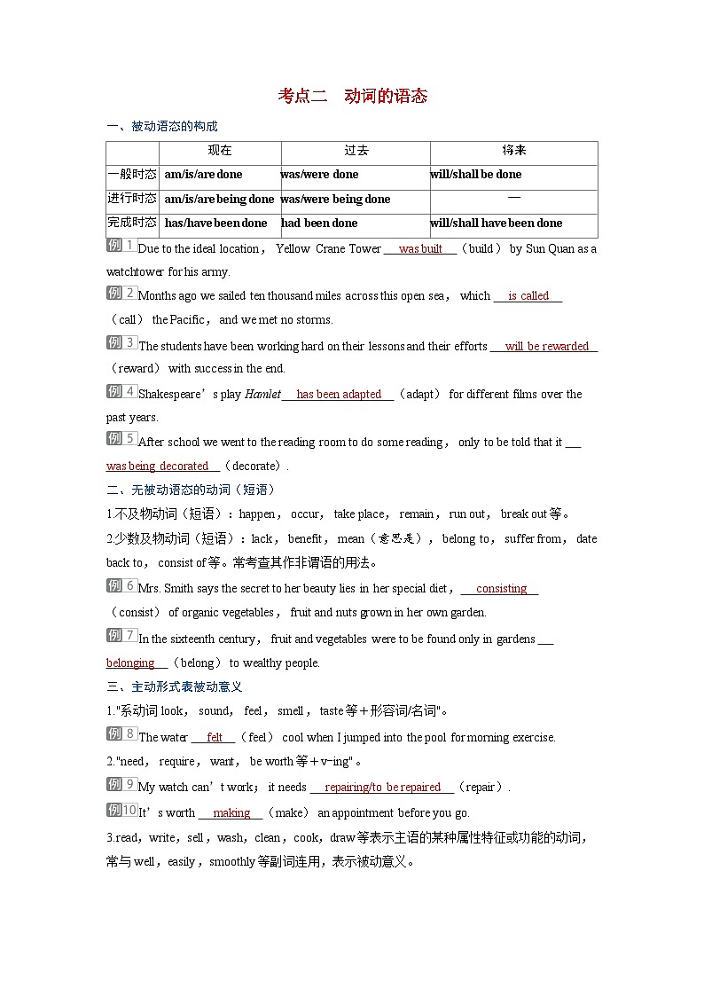 备考2024届高考英语一轮复习考点通关第二部分学透语法强化动词篇专题三谓语动词考点二动词的语态第1页