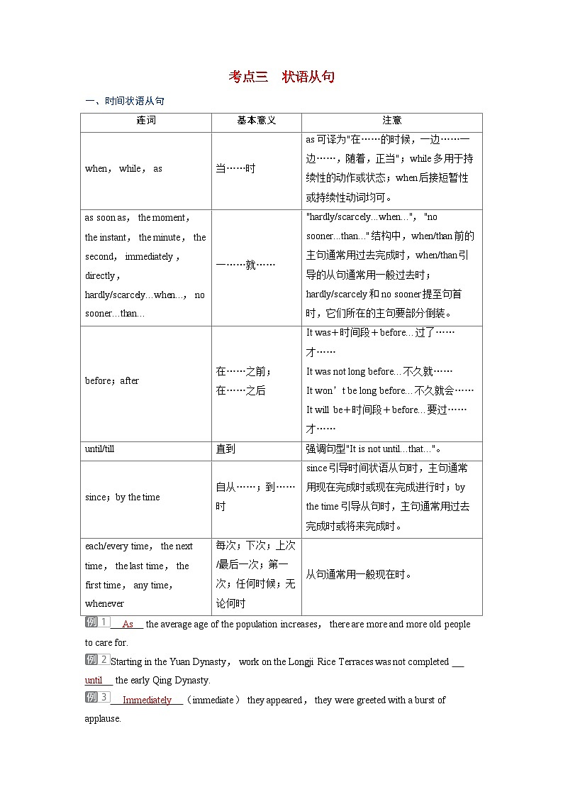 备考2024届高考英语一轮复习考点通关第二部分学透语法突破句法篇专题五三大从句考点三状语从句第1页