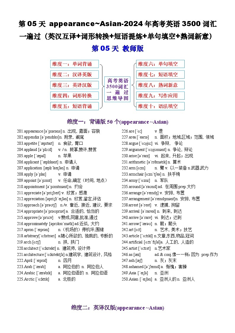第05天 appearance~Asian-2024年高考英语3500词汇一遍过（英汉互译+词形转换+短语提炼+单句填空+熟词新意）教师版第1页