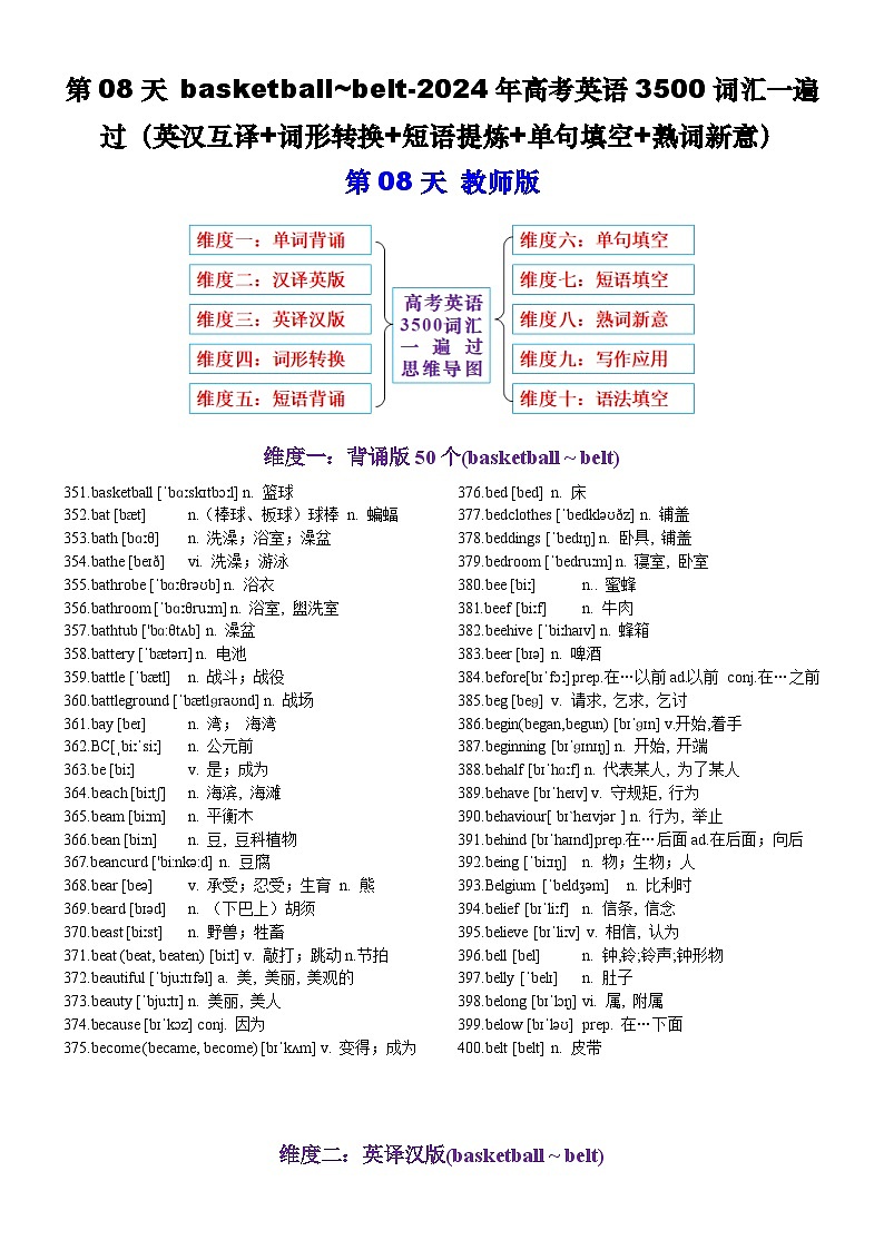 高考英语2024年3500词汇一遍过（原卷版+解析版） 第08天 basketball~belt（英汉互译+词形转换+短语提炼+单句填空+语篇填空）01