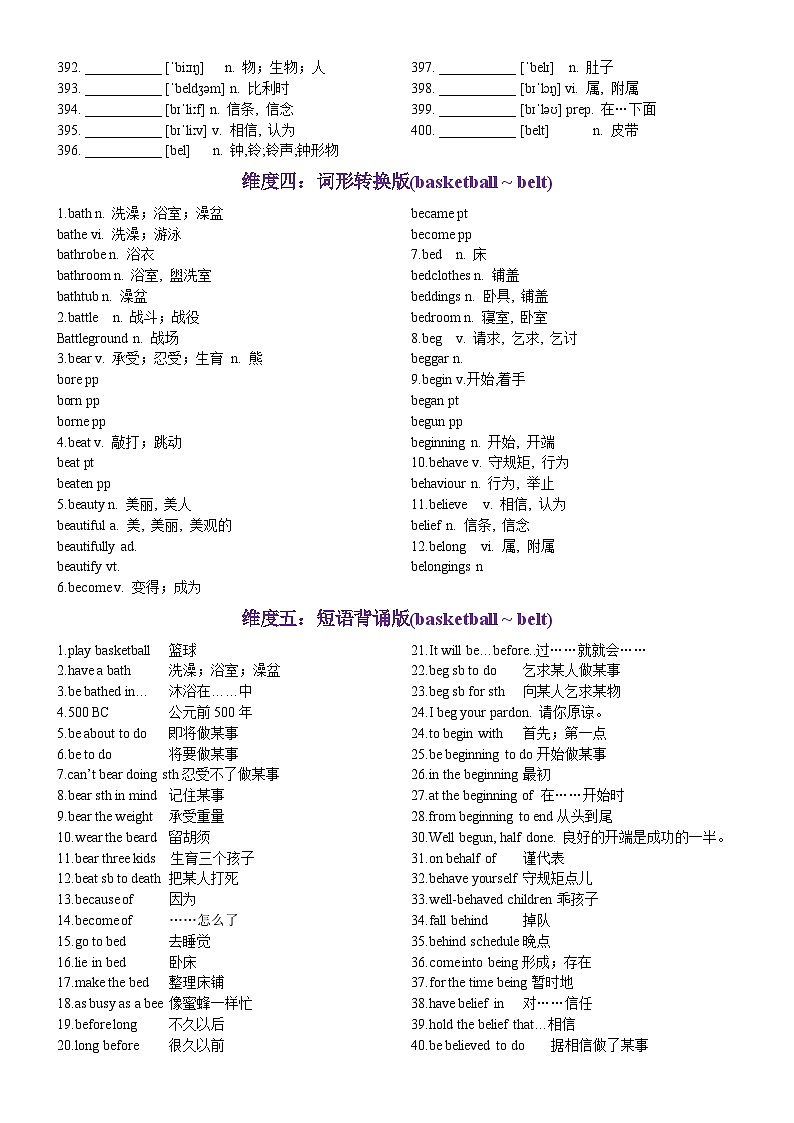 高考英语2024年3500词汇一遍过（原卷版+解析版） 第08天 basketball~belt（英汉互译+词形转换+短语提炼+单句填空+语篇填空）03