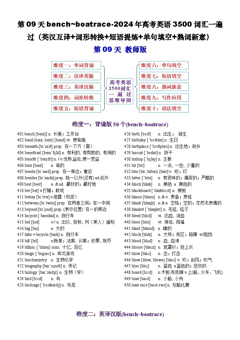第09天bench~boatrace（英汉互译+词形转换+短语提炼+单句填空+语篇填空）-2024年高考英语3500词汇一遍过（教师版）(1)第1页