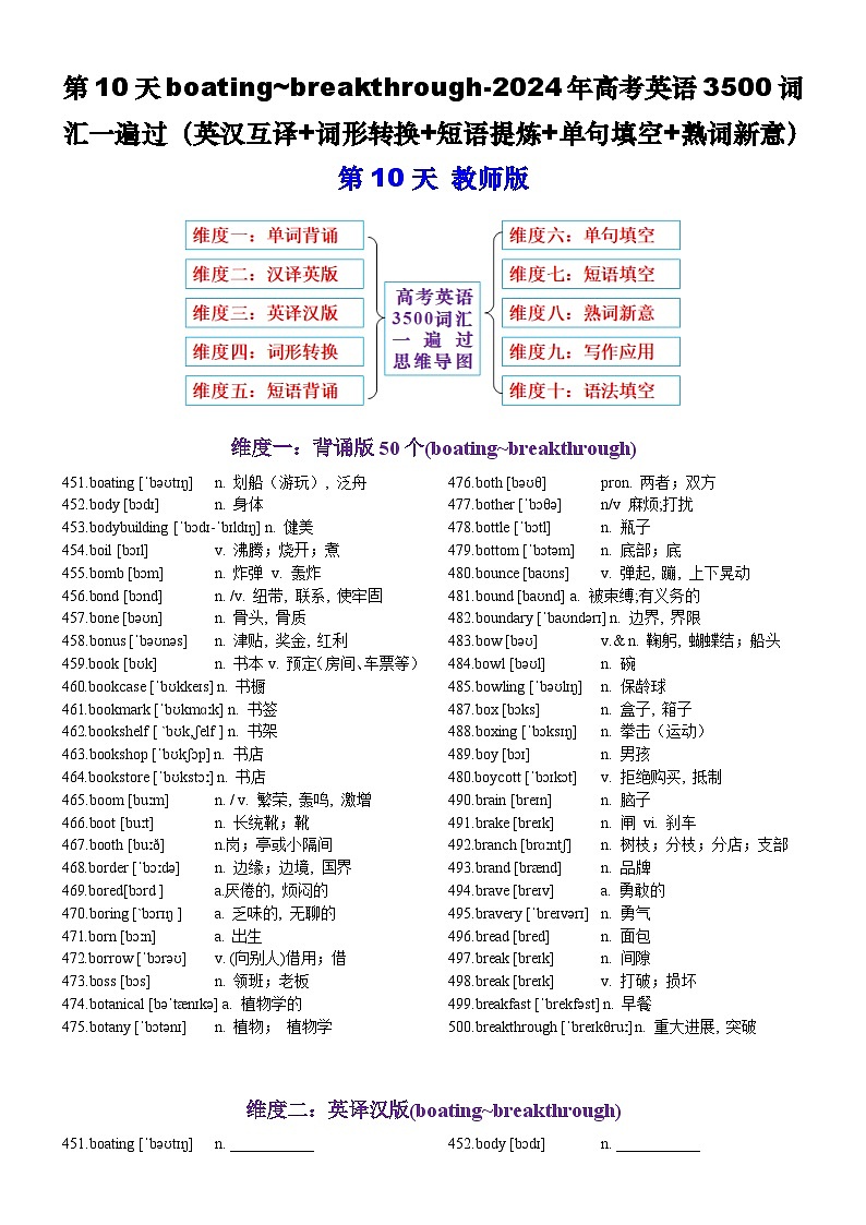 第10天 boating~breakthrough（英汉互译+词形转换+短语提炼+单句填空+语篇填空）-2024年高考英语3500词汇一遍过（教师版）第1页