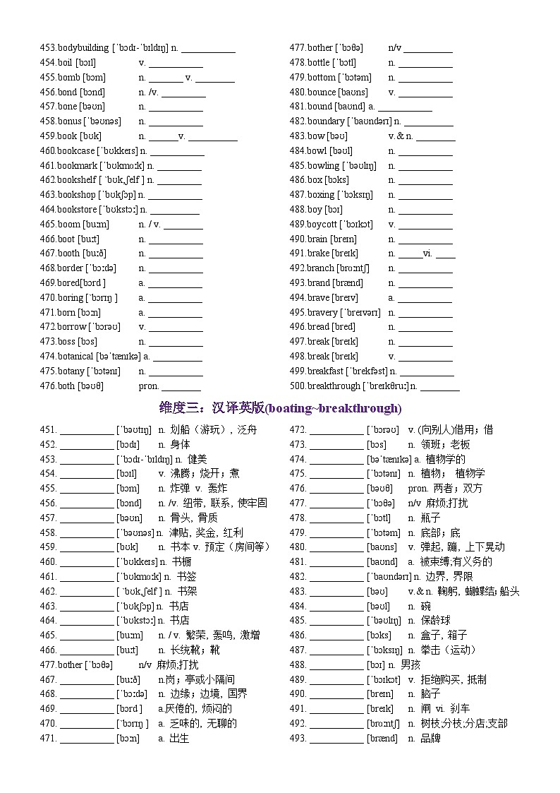 第10天 boating~breakthrough（英汉互译+词形转换+短语提炼+单句填空+语篇填空）-2024年高考英语3500词汇一遍过（原卷版）(1)第2页