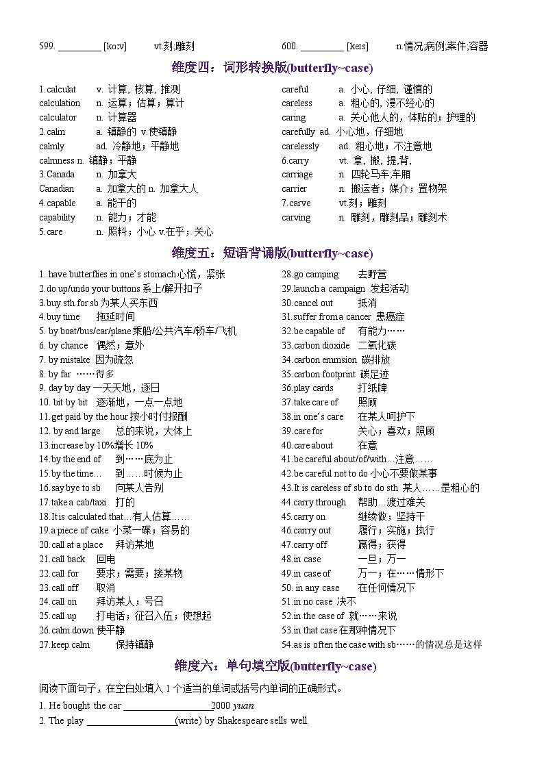 高考英语2024年3500词汇一遍过（原卷版+解析版） 第12天 butterfly~case（英汉互译+词形转换+短语提炼+单句填空+语篇填空）03