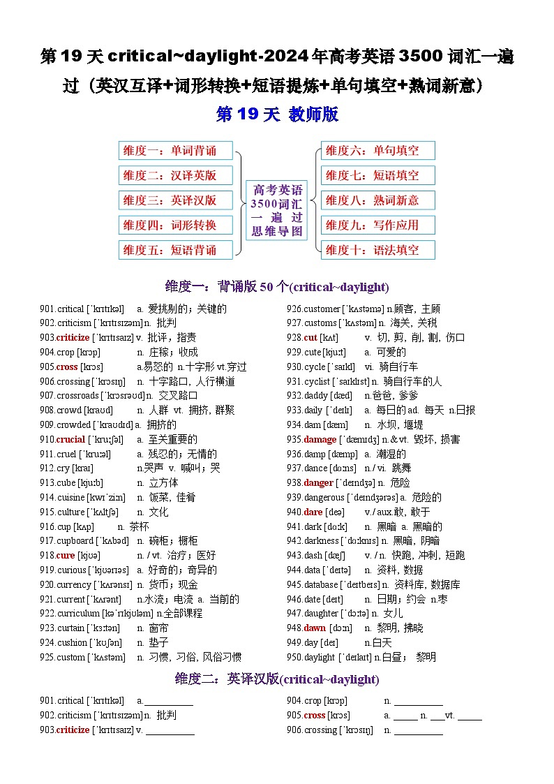 第19天 critical~daylight（英汉互译+词形转换+短语提炼+单句填空+语篇填空）-2024年高考英语3500词汇一遍过（教师版）(1)第1页