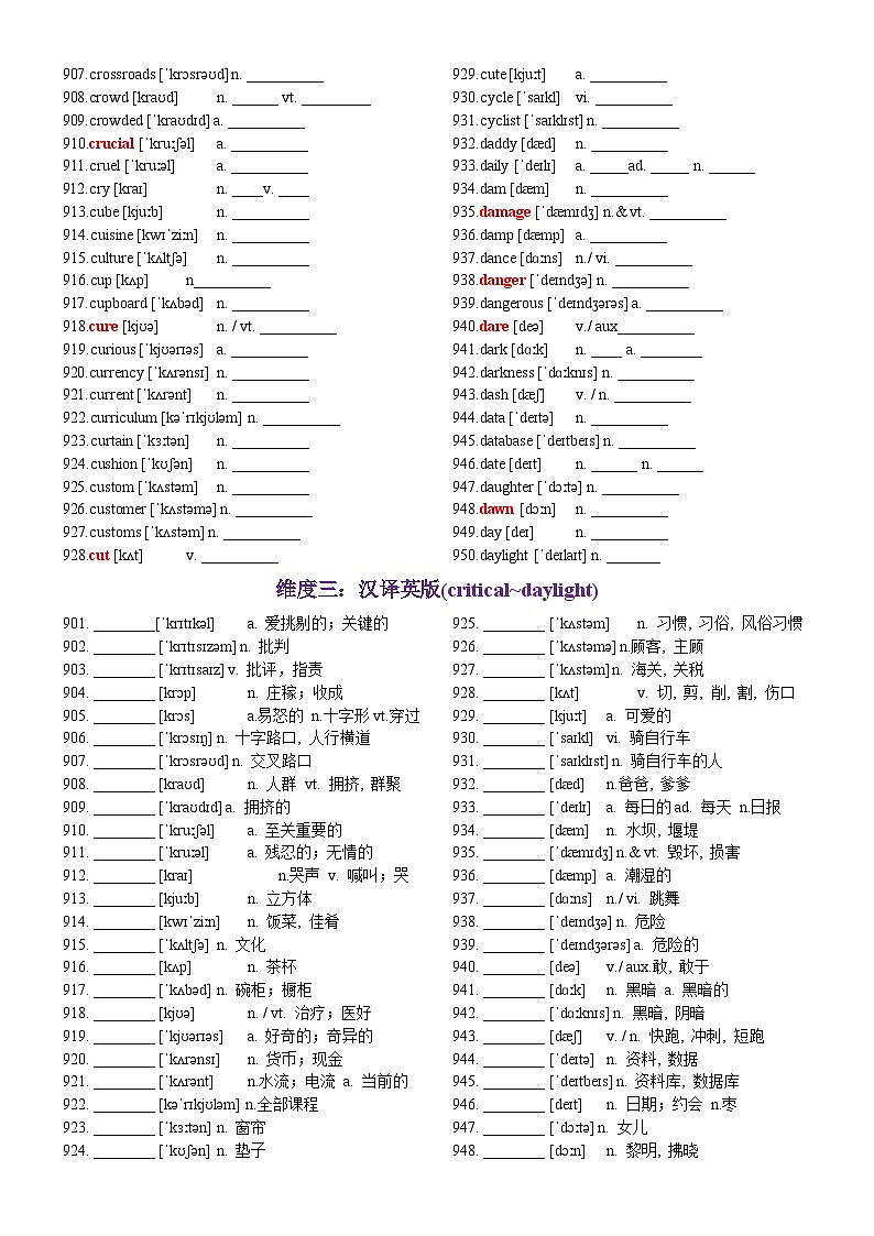第19天 critical~daylight（英汉互译+词形转换+短语提炼+单句填空+语篇填空）-2024年高考英语3500词汇一遍过（原卷版）第2页