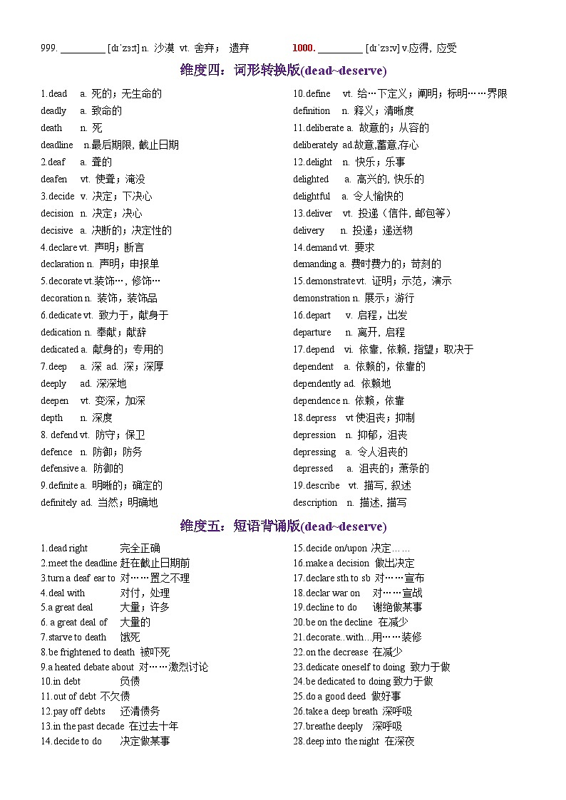 第20天 dead~deserve（英汉互译+词形转换+短语提炼+单句填空+语篇填空）-2024年高考英语3500词汇一遍过（原卷版）第3页
