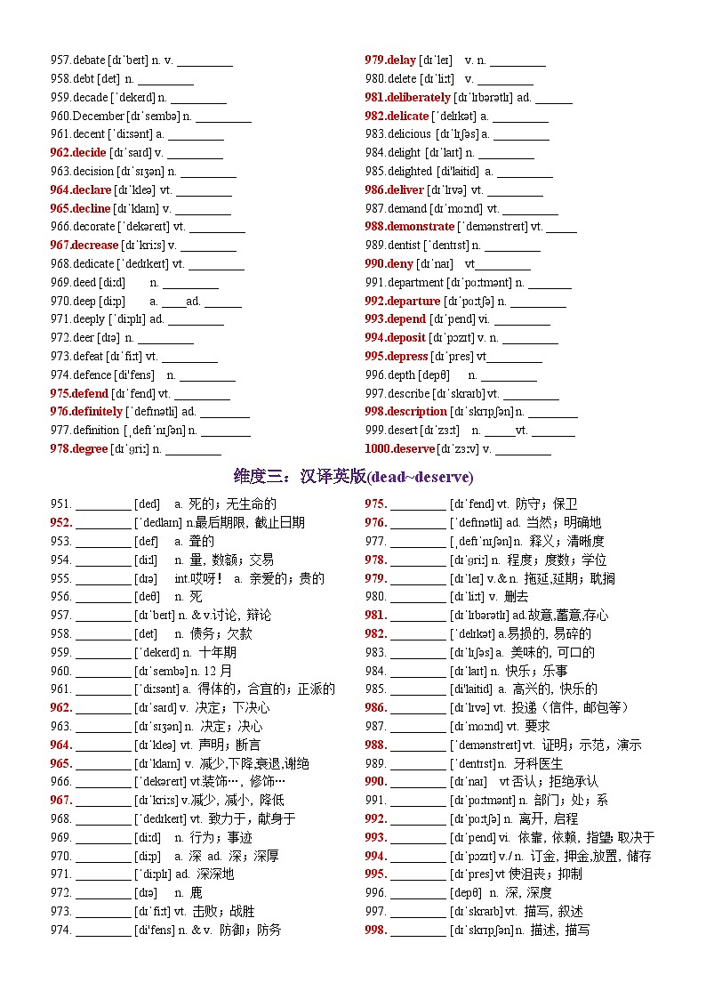 第20天 dead~deserve（英汉互译+词形转换+短语提炼+单句填空+语篇填空）-2024年高考英语3500词汇一遍过（教师版）第2页