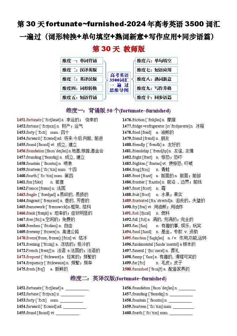 第30天  fortunately-fund（词形转换+单句填空+熟词新意+写作应用+同步语篇）-2024年高考英语3500词汇一遍过（教师版）第1页