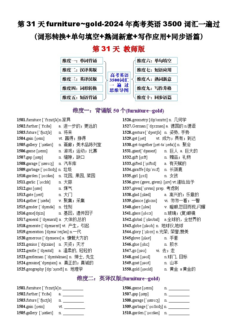 高考英语2024年3500词汇一遍过（原卷版+解析版） 第31天  furniture~gold（词形转换+单句填空+熟词新意+写作应用+同步语篇）01