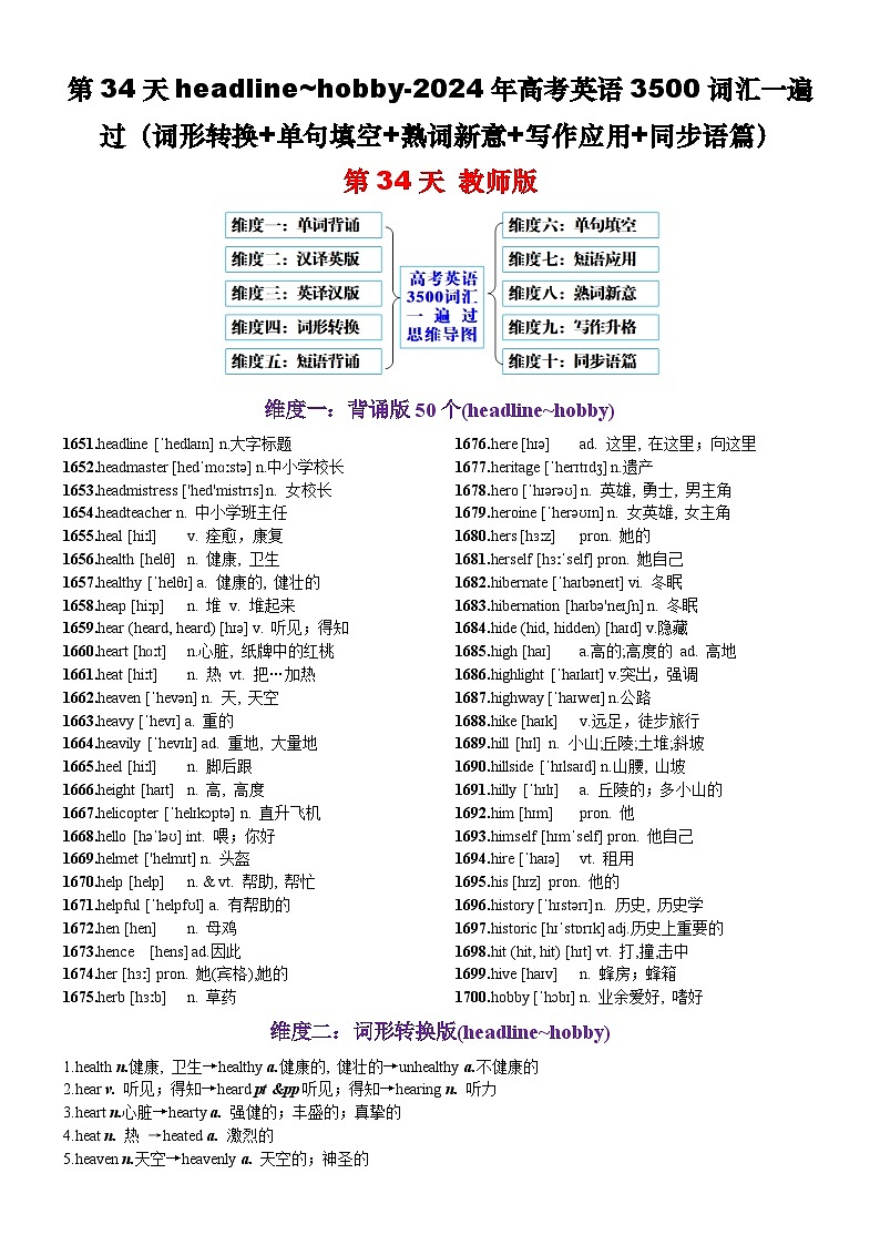 高考英语2024年3500词汇一遍过（原卷版+解析版） 第34天 headline-hobby（词形转换+单句填空+熟词新意+写作应用+同步语篇）01
