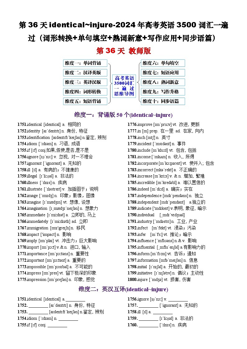 第36天  identical~injure（词形转换+单句填空+熟词新意+写作应用+同步语篇）-2024年高考英语3500词汇一遍过（教师版）(1)第1页
