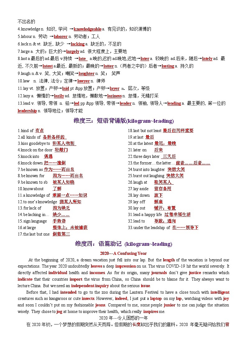 第39天 kilogram~leading（词形转换+单句填空+熟词新意+写作应用+同步语篇）-2024年高考英语3500词汇一遍过（教师版）第2页