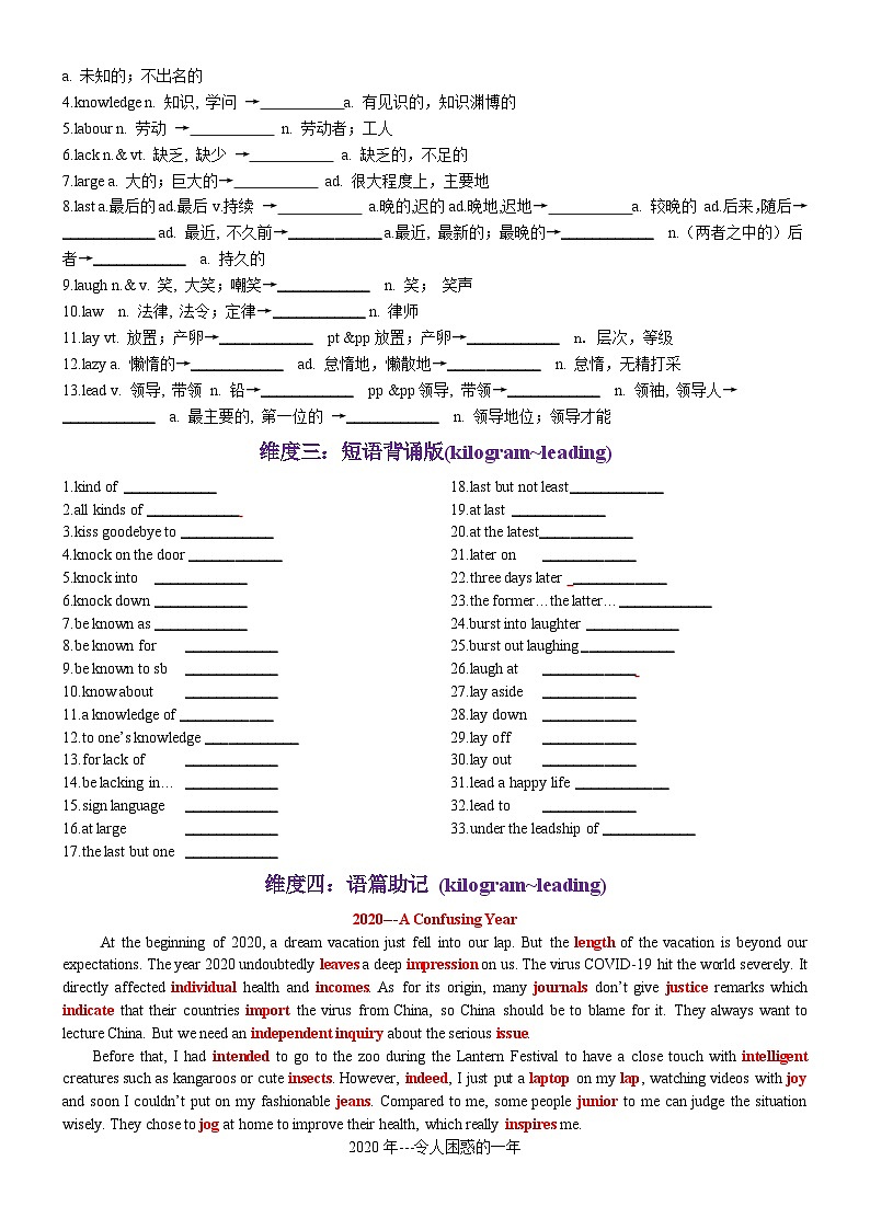 第39天 kilogram~leading（词形转换+单句填空+熟词新意+写作应用+同步语篇）-2024年高考英语3500词汇一遍过（原卷版）(1)第2页