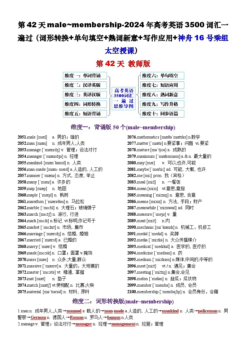 第42天 male~membership（词形转换+单句填空+熟词新意+神舟16号乘组太空授课）-2024年高考英语3500词汇一遍过（教师版）(1)第1页