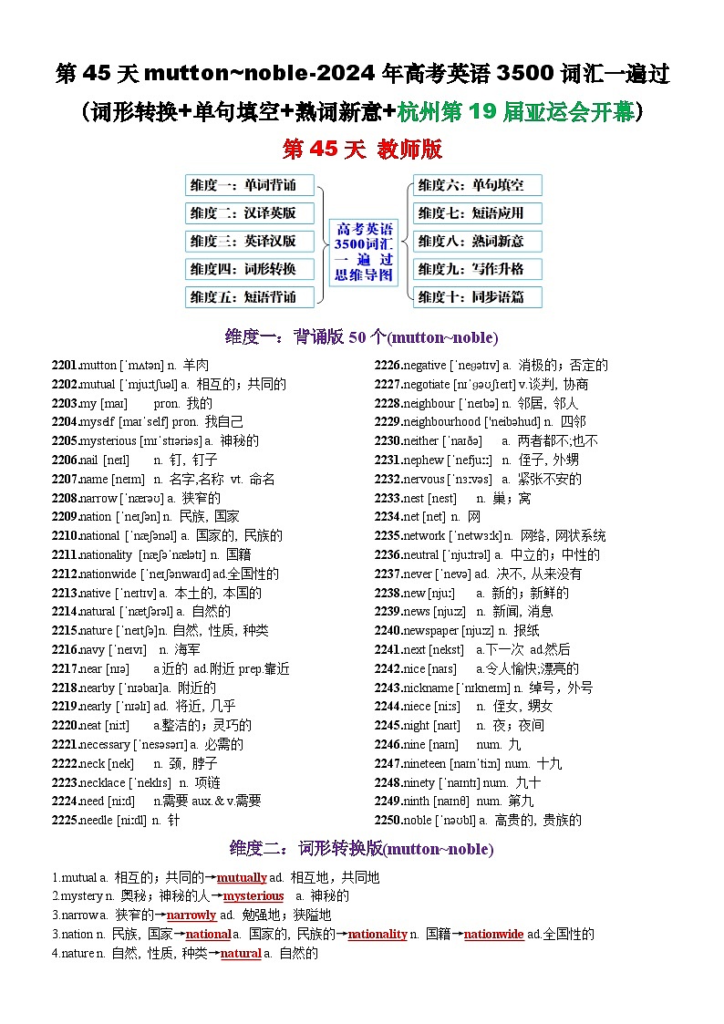 高考英语2024年3500词汇一遍过（原卷版+解析版） 第45天 mutton~noble（词形转换+单句填空+熟词新意+杭州第19届亚运会开幕）01