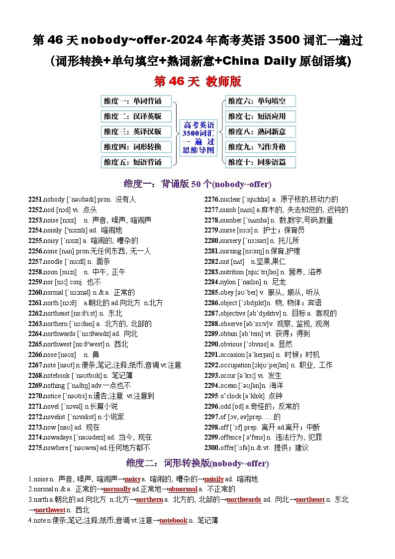 第46天 nobody~offer（词形转换+单句填空+熟词新意+China Daily原创语填）-2024年高考英语3500词汇一遍过（教师版）第1页