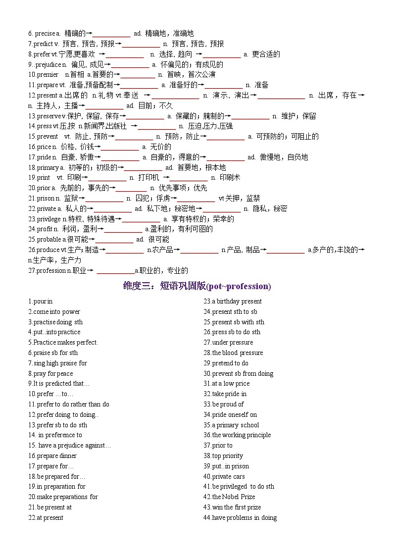 第52天 pot~profession（词形转换+单句填空+熟词新意+China Daily原创语填）-2024年高考英语3500词汇一遍过（原卷版）(1)第2页