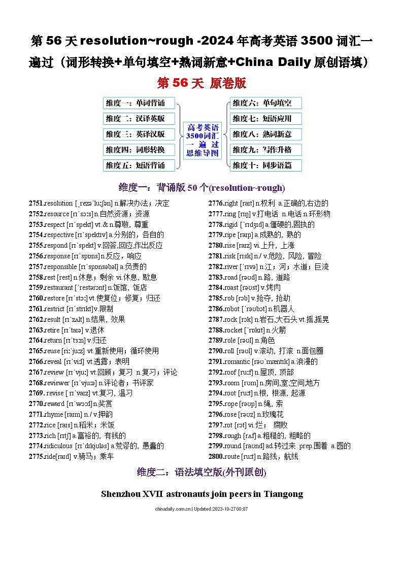第56天 resolution~rough （词形转换+单句填空+熟词新意+China Daily原创语填）-2024年高考英语3500词汇一遍过（原卷版）第1页
