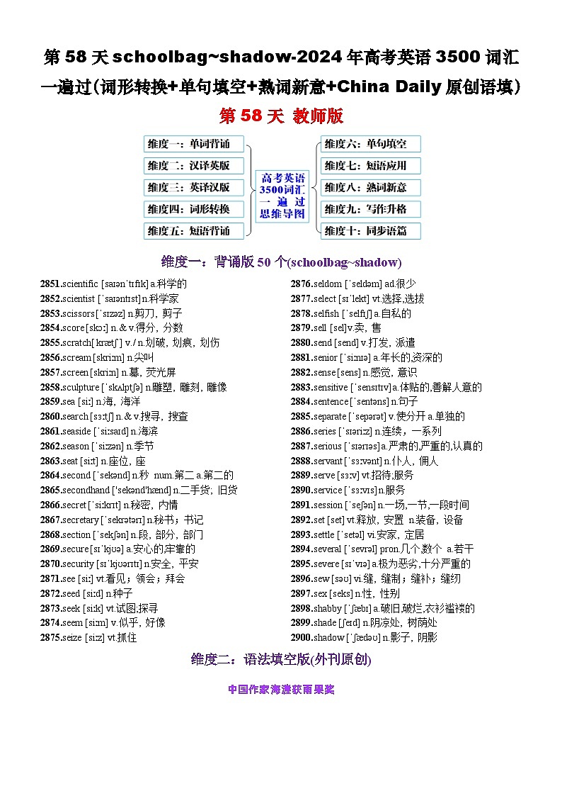 第58天 schoolbag~shadow（词形转换+单句填空+熟词新意+China Daily原创语填）-2024年高考英语3500词汇一遍过（教师版）第1页