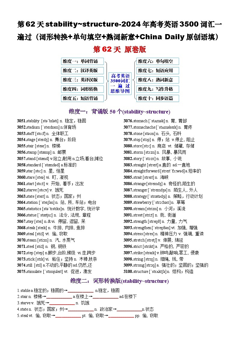 第62天 stability~structure（词形转换+单句填空+熟词新意+China Daily原创语填）-2024年高考英语3500词汇一遍过（原卷版）(1)第1页