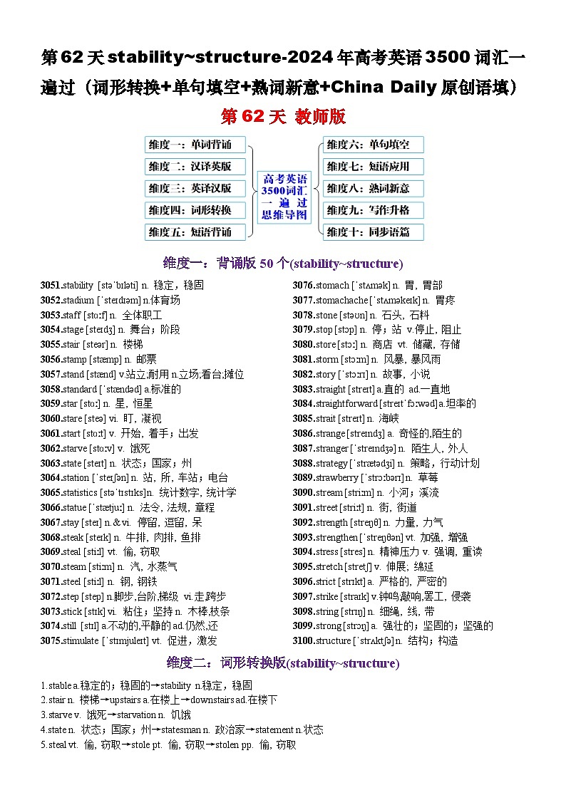 第62天 stability~structure（词形转换+单句填空+熟词新意+China Daily原创语填）-2024年高考英语3500词汇一遍过（教师版）(1)第1页
