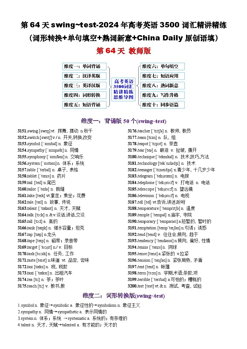 第64天 swing~test（词形转换+单句填空+熟词新意+China Daily原创语填）-2024年高考英语3500词汇精讲精练（教师版）第1页