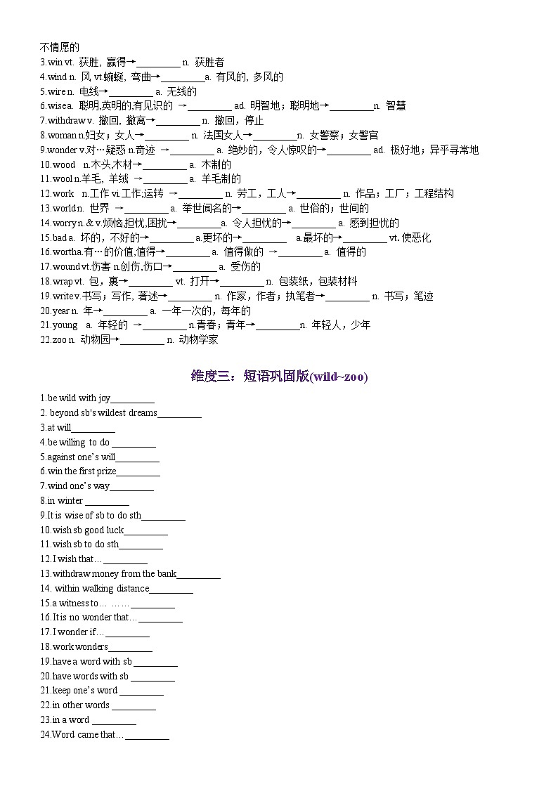 第70天 wild~zoo（词形转换+单句填空+熟词新意+China Daily原创语填）-2024年高考英语3500词汇精讲精练（原卷版）第2页