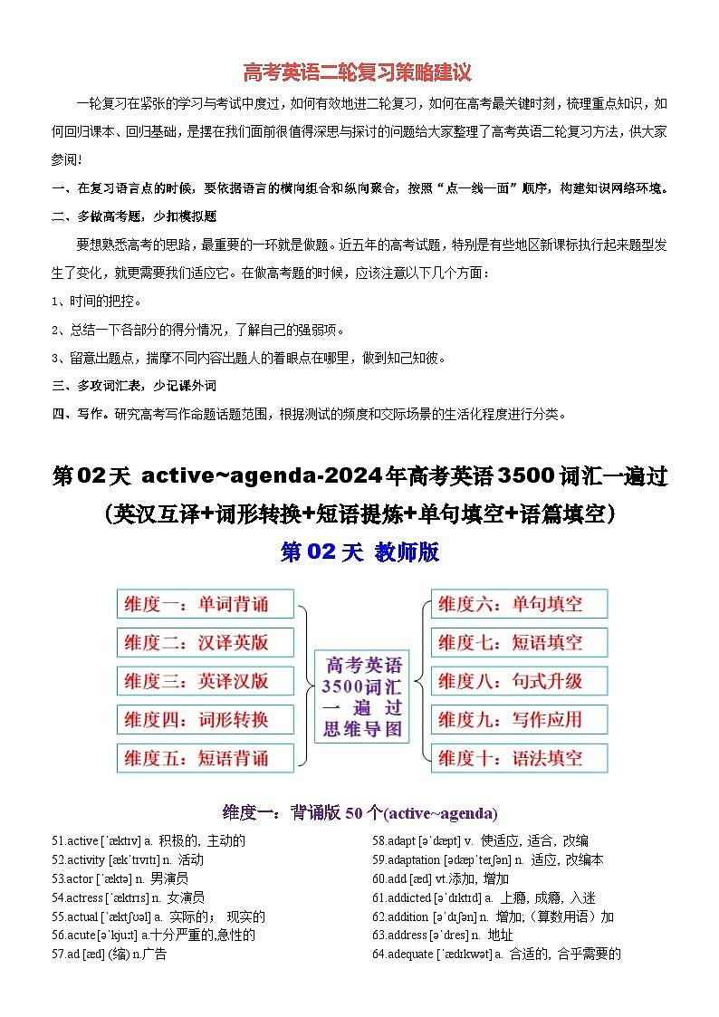 第02天 active~agenda-2024年高考英语3500词汇一遍过（英汉互译+词形转换+短语提炼+单句填空+语篇填空）教师版第1页