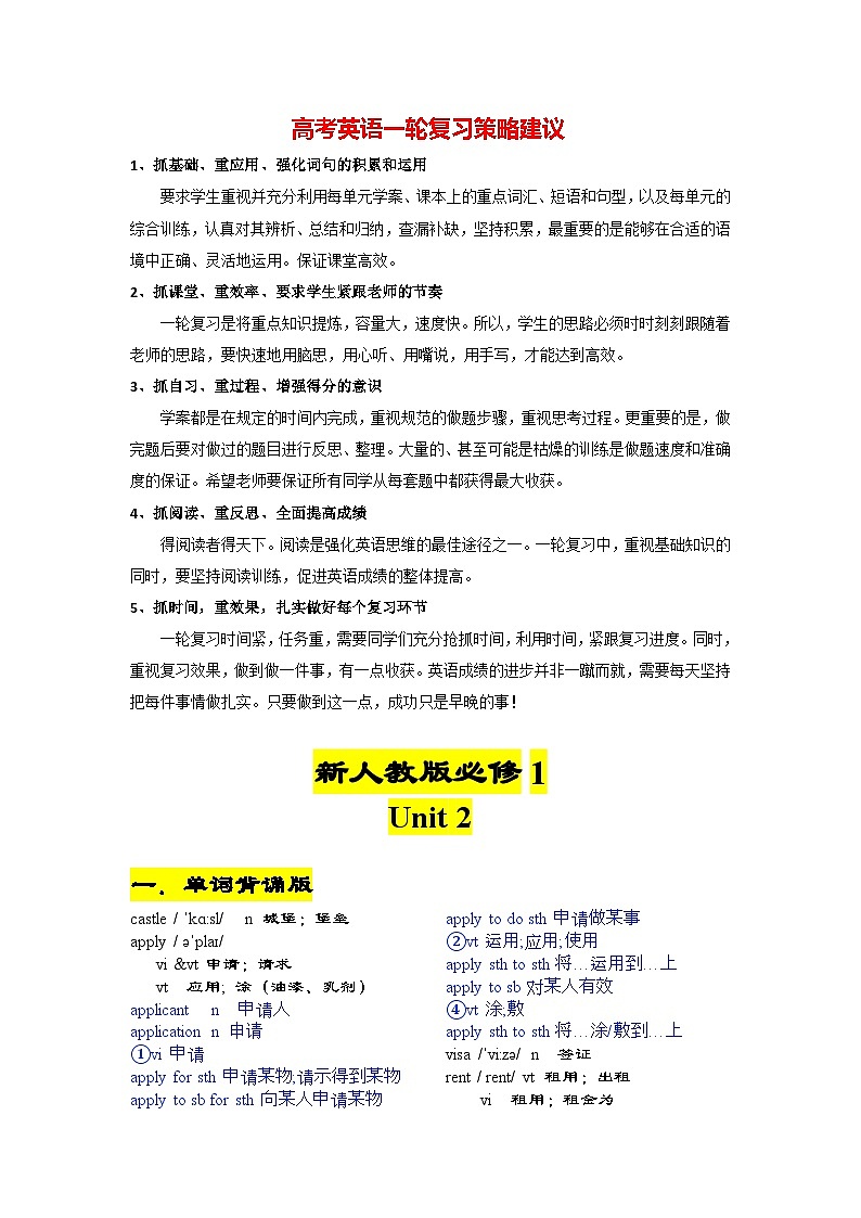 新人教版必修第一册 Unit 2-2024年高考英语一轮复习重难词汇过关练（人教版2019）01