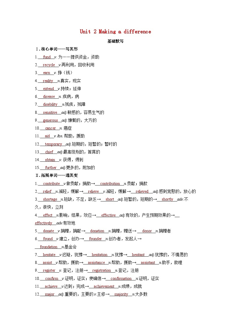 备考2024届高考英语一轮复习基础自测练习第一部分过透教材Unit2Makingadifference外研版必修第三册第1页