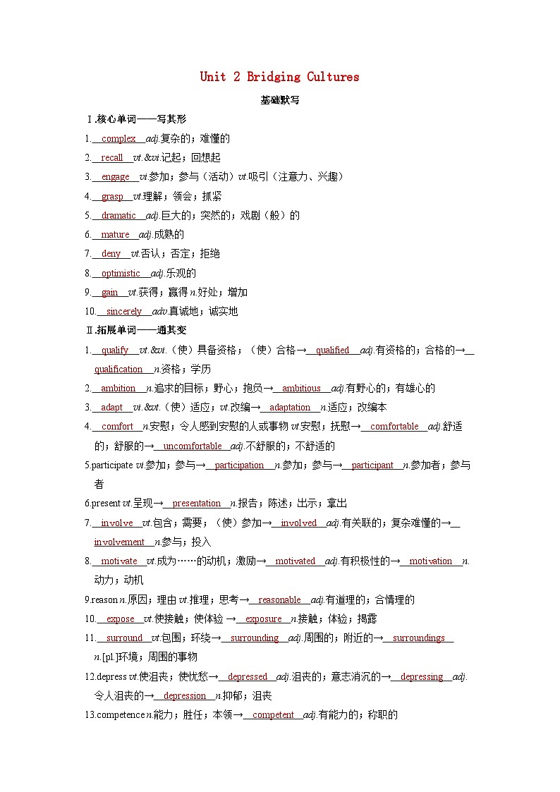 备考2024届高考英语一轮复习基础自测练习第一部分过透教材Unit2BridgingCultures新人教版选择性必修第二册第1页