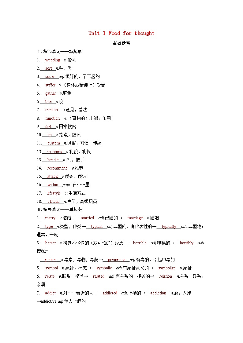 备考2024届高考英语一轮复习基础自测练习第一部分过透教材Unit1Foodforthought外研版必修第二册第1页