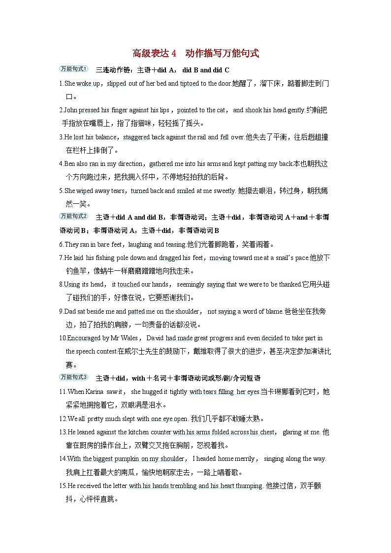 备考2024届高考英语一轮复习第二部分读后续写专题一高级表达素材4动作描写万能句式第1页