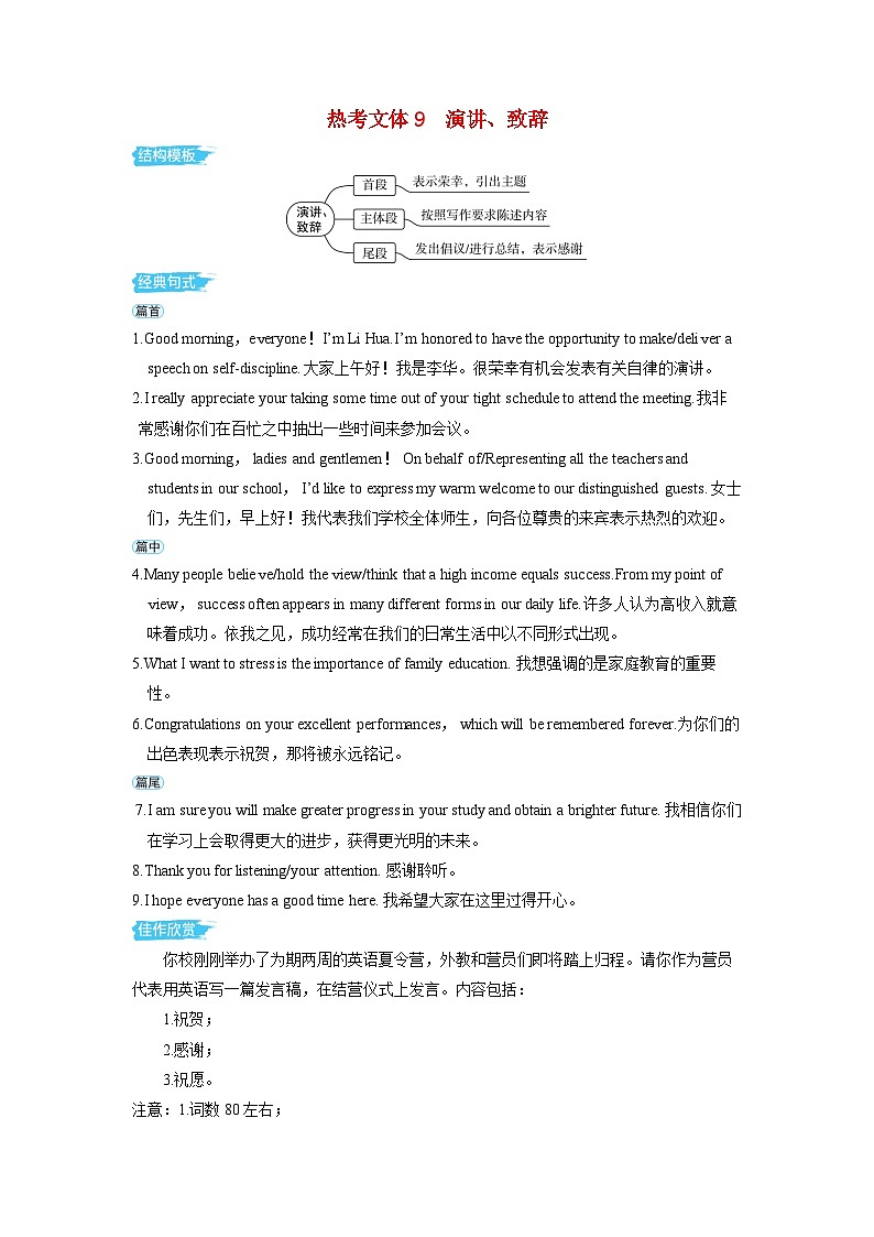 备考2024届高考英语一轮复习第一部分应用文写作专题二热考文体素材9演讲致辞第1页