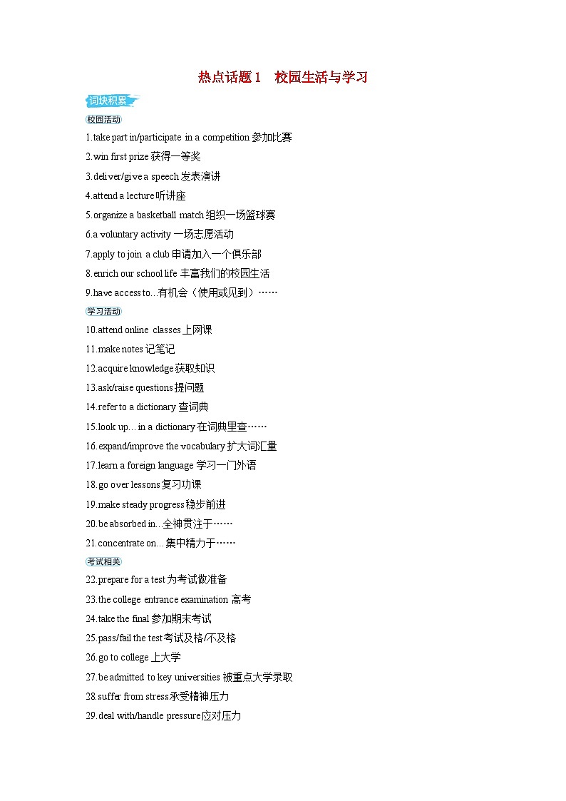 备考2024届高考英语一轮复习第一部分应用文写作专题一热点话题素材1校园生活与学习01