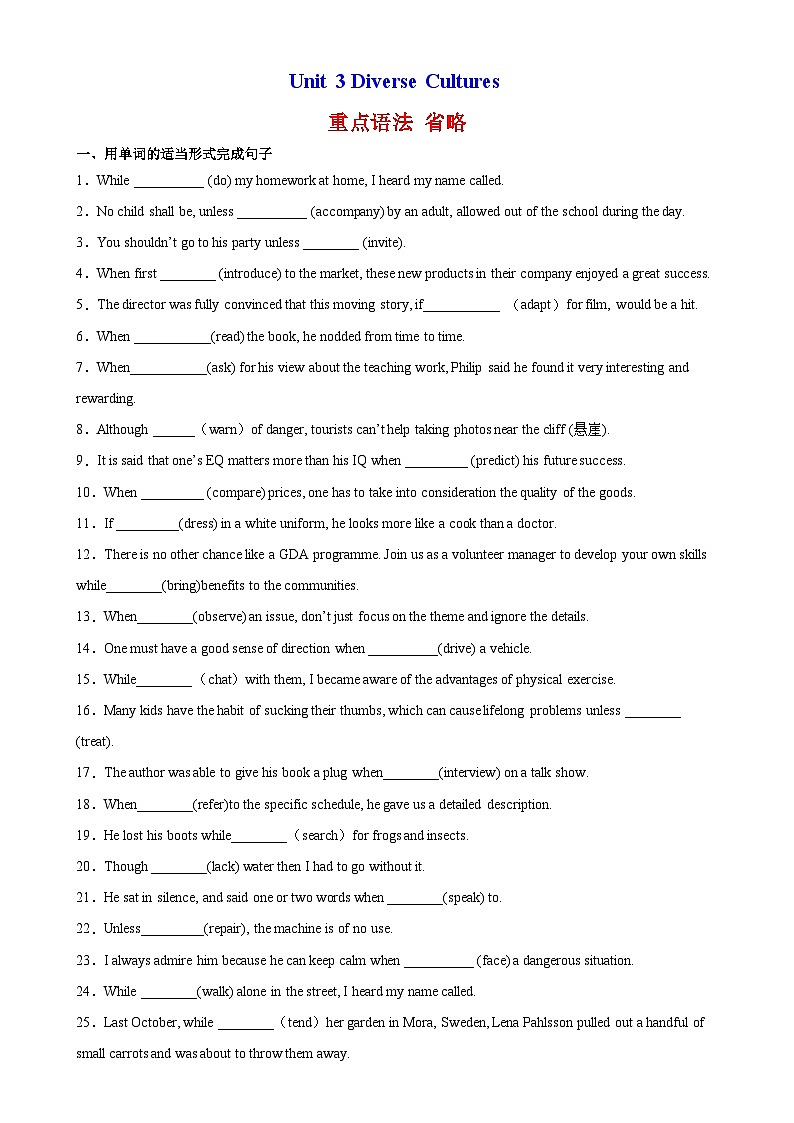 【单元重难点精炼】人教版2019 高中英语 必修3 Unit 3 Diverse Cultures 语法Grammar 练习01