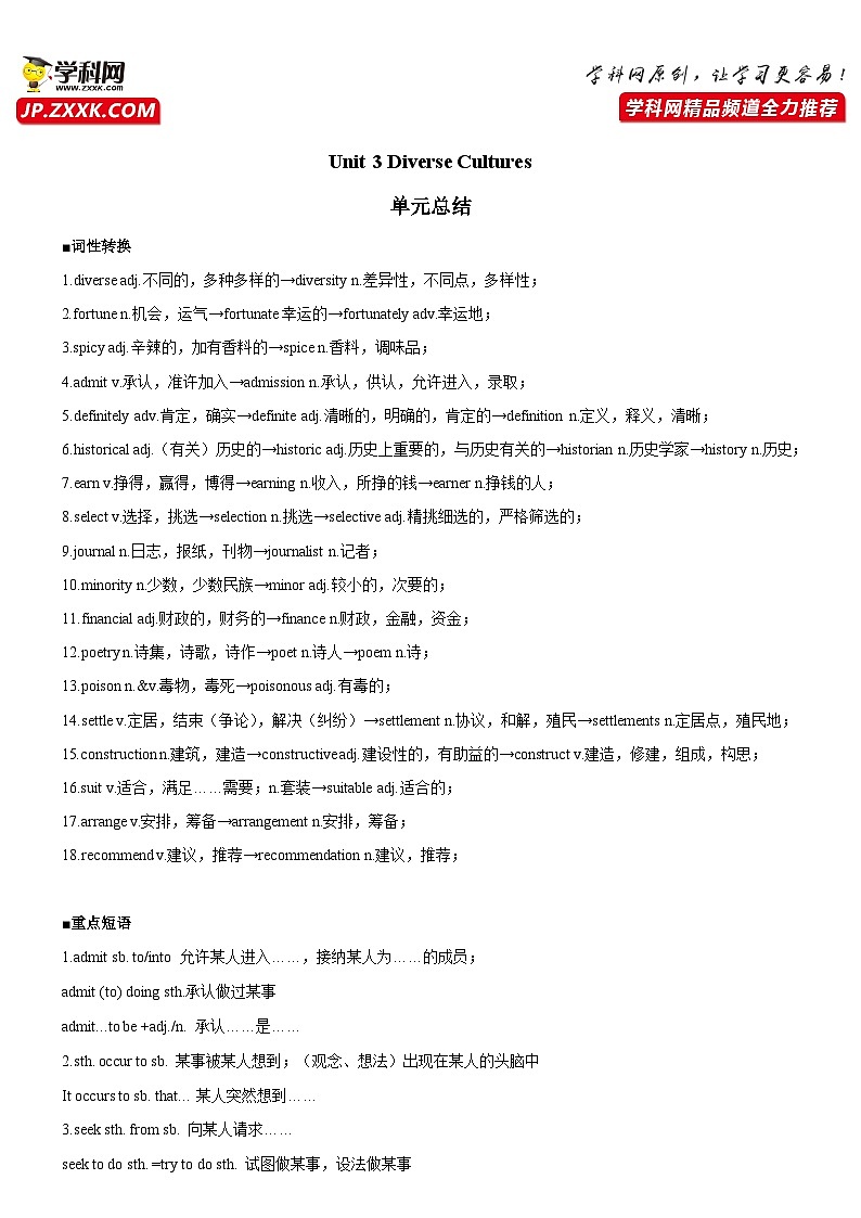 【单元突破】人教版2019 高中英语必修3 Unit 3 Diverse Cultures 词性转换、重点短语、同步习题【含答案】01