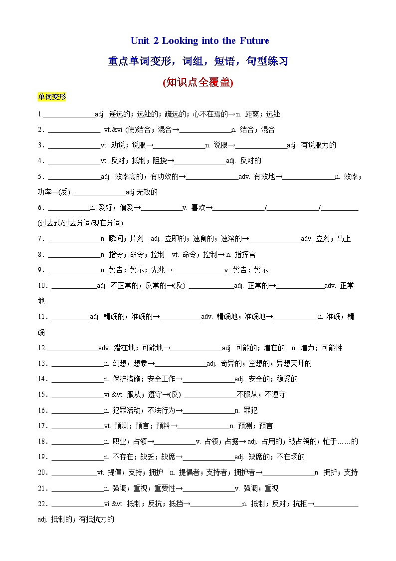 【单元突破】人教版2019 高中英语选修一 Unit 2 重点单词变形，词组，短语，句型练习01