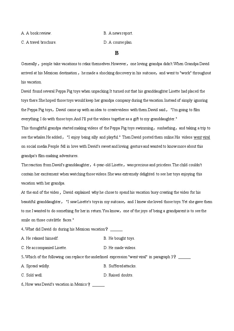 2022-2023学年浙江省台州市高一（下）期末英语试卷(含详细答案解析)02