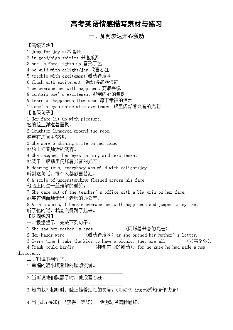 高中英语2024届高考情感描写素材与练习（开心激动+感动感激）第1页