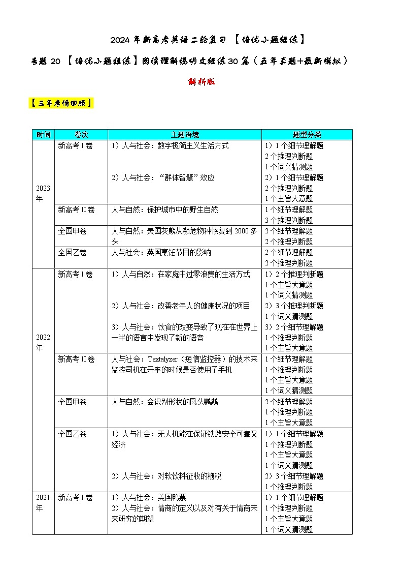 专题20 【培优小题狂练】阅读理解说明文狂练30篇（五年真题+新模拟）-2024年新高考英语二轮复习01