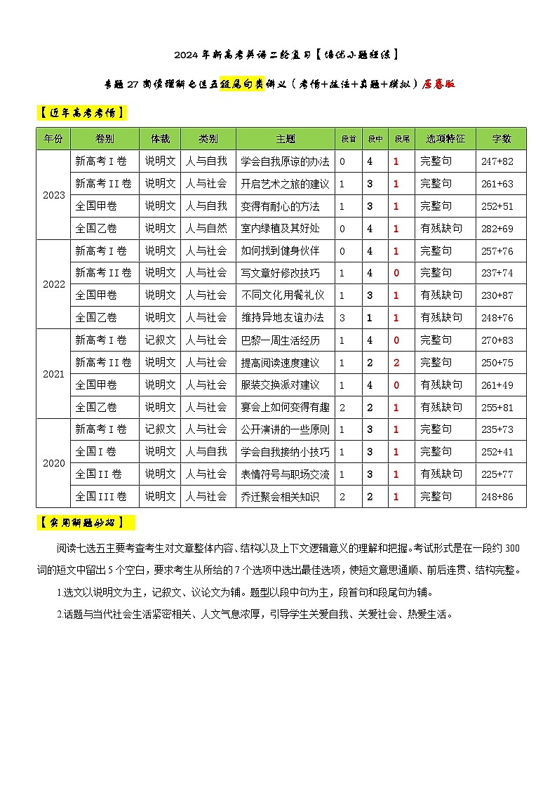 专题27 【培优小题狂练】阅读理解七选五段尾句类讲义（考情+技法+真题+模拟）-2024年新高考英语二轮复习01