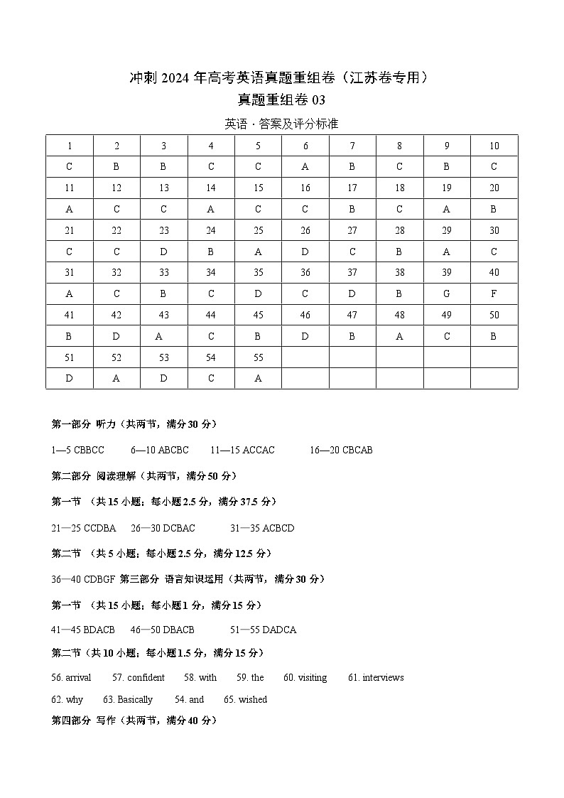 真题重组卷03（江苏卷专用）-冲刺2024年高考英语真题重组卷（江苏专用）01