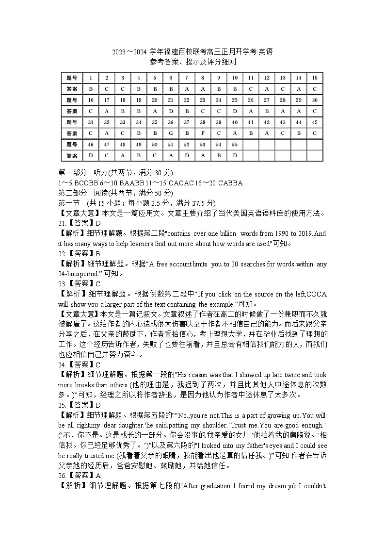 福建省百校联考2023-2024学年高三下学期正月开学考试 英语答案01