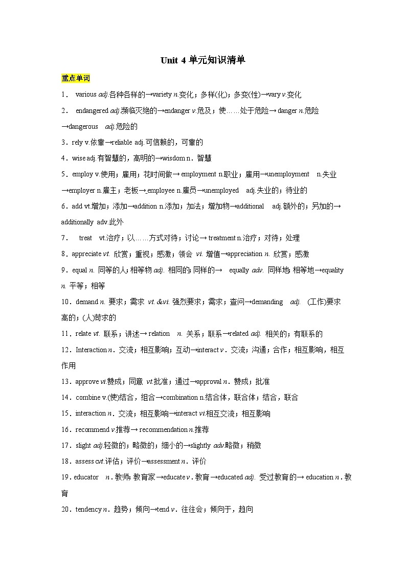 人教版2019高中英语选择性必修第一册Unit4Body Language (单元知识清单)01