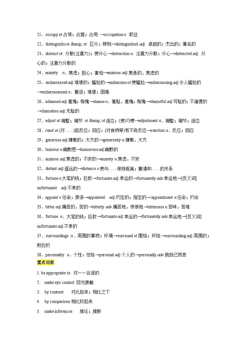 人教版2019高中英语选择性必修第一册Unit4Body Language (单元知识清单)02